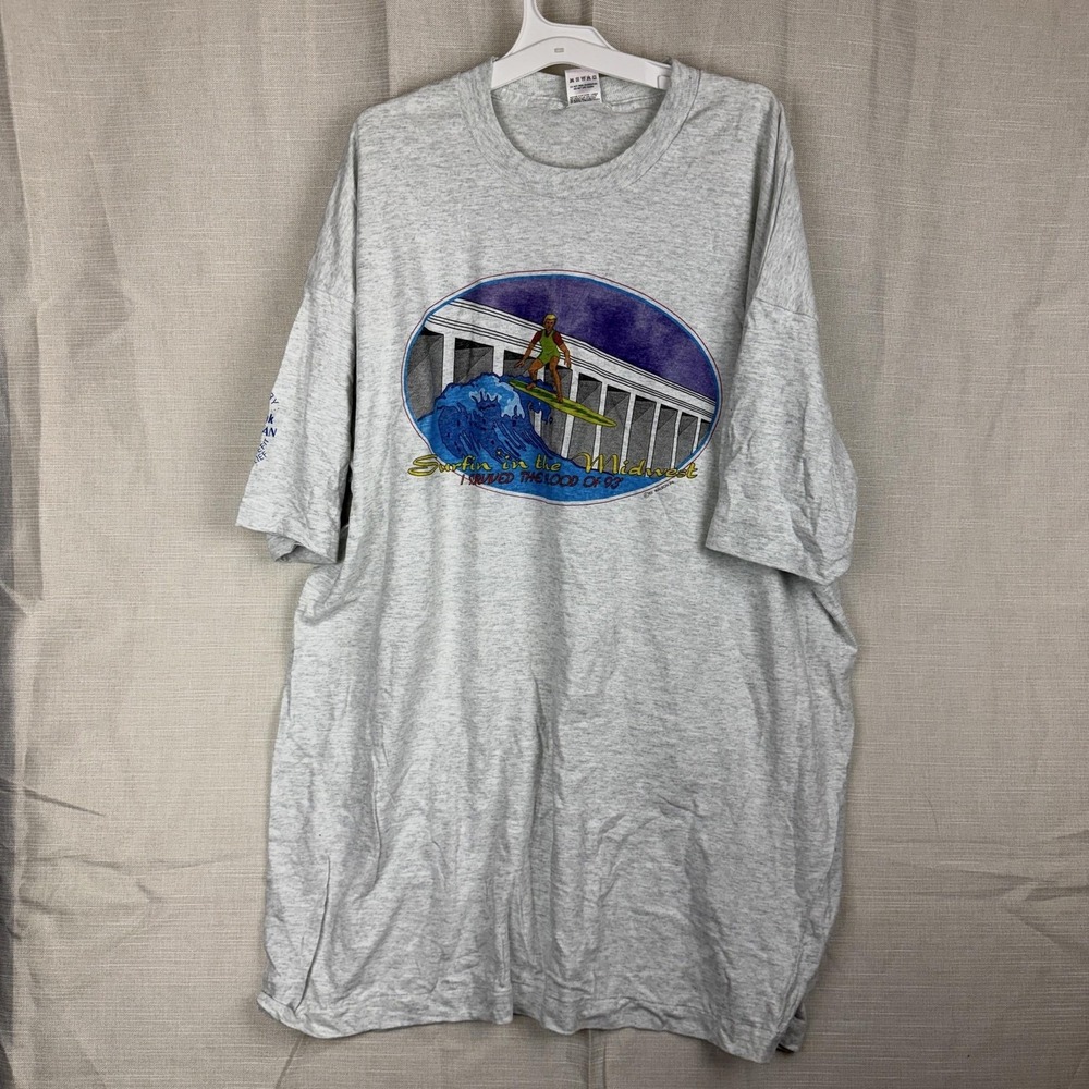 Vintage Fruit Of The Loom Shirt Mens 3XL Gray Surfin Midwest Flood 1993 Tee